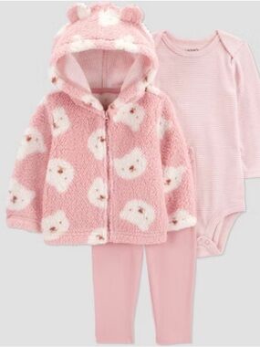 NWT Carters Just One You Pink Fuzzy Hooded Baby Jacket + Bodysuit & Leggings Set